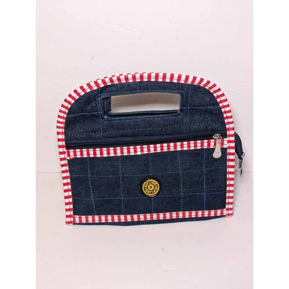Kipling Red White Stripe Blue Denim Bag / Purse Rare Hard To Find Mint Condition